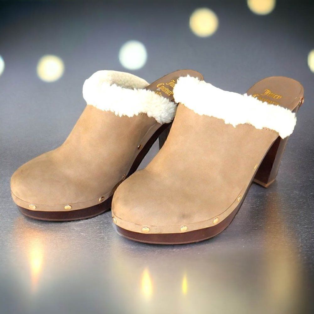 Juicy Couture tan suede leather white fur mule